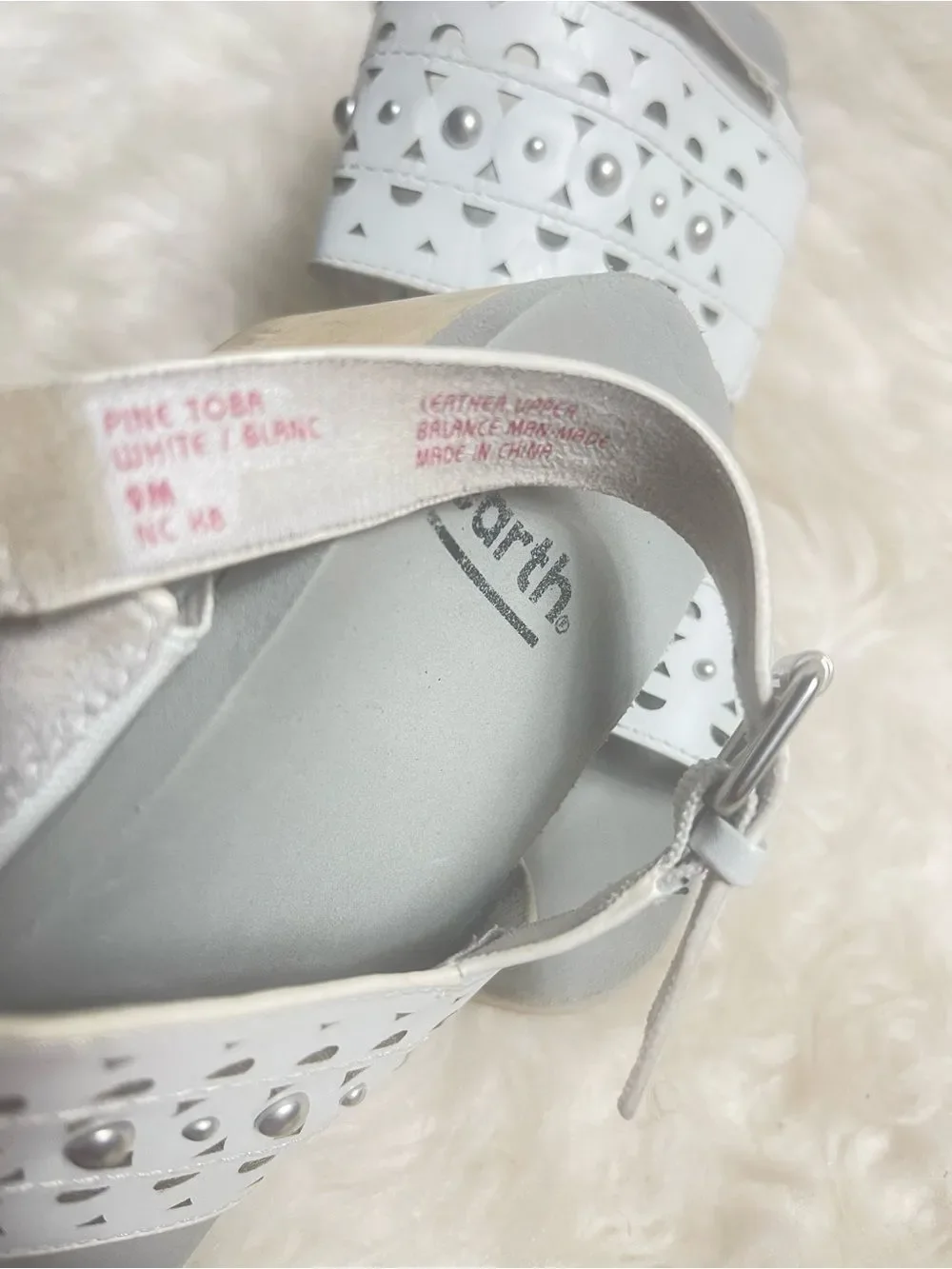Earth White Pine Toba leather white Perforated Studded Wedge Sandals
